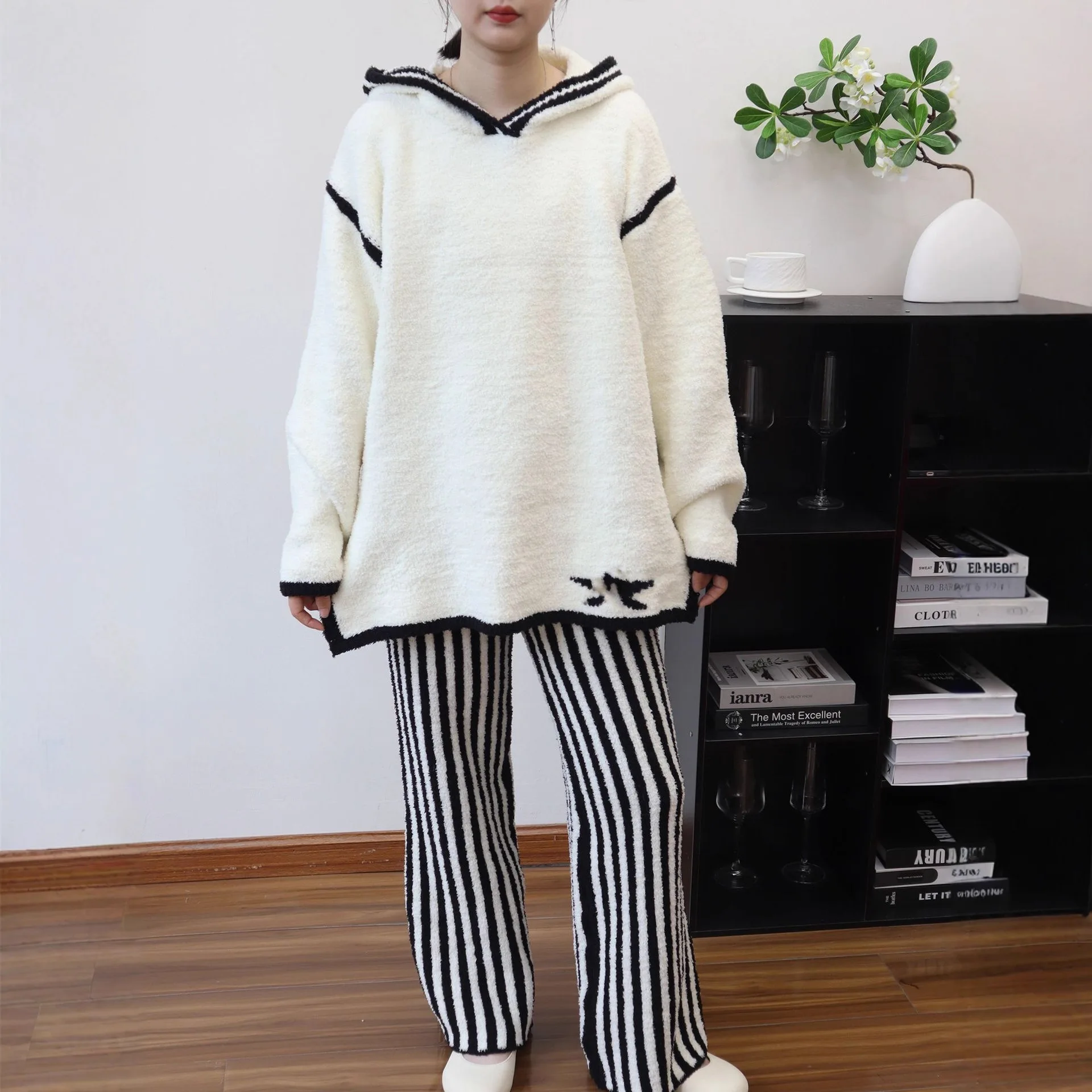 

Two Pieces Women Knitted Pants Sets Solid Set Hooded Long Sleeve Top Color Block Stripes Loose Wide Leg Pants Casual 2025 Autumn