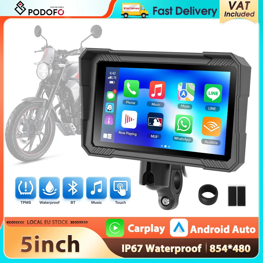 Podofo 5''/7'' Smart Screen Player Carplay Android Auto Motorradmonitor IP67 wasserdicht Reifendrucküberwachung automatische Helligkeitsanpassung