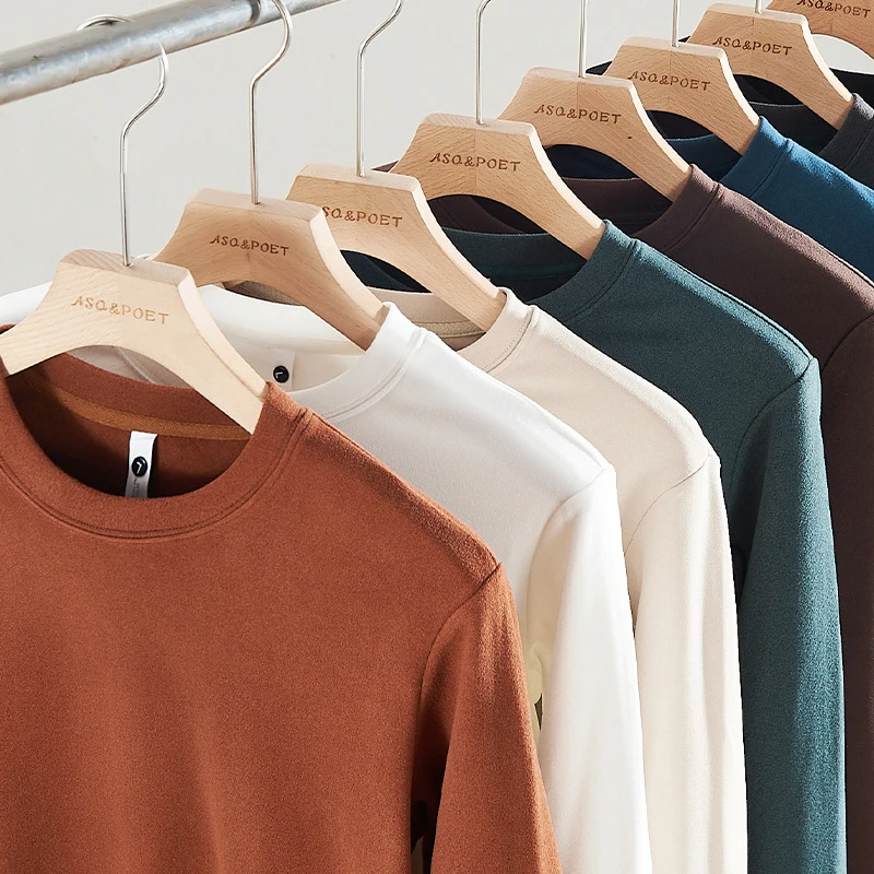 

Winter Autumn Fashion Men's Simple Solid Color Long Sleeve Basic White T-shirt Double Sided Fleece Warm Bottoming Pullovers Male