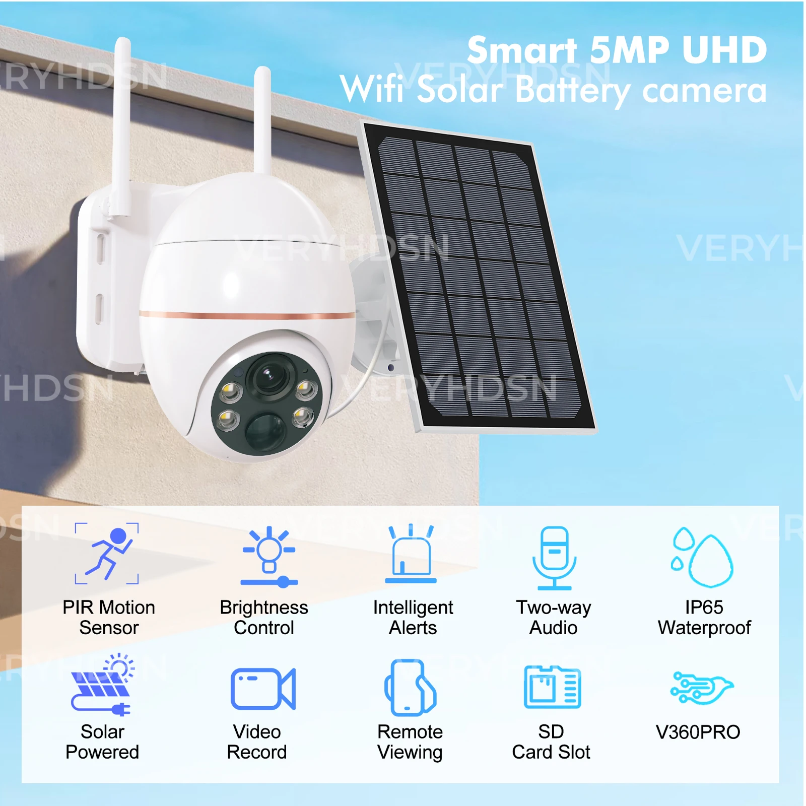 5MP Solar WIFI Camera 8000mAh Battery PTZ Surveillance IP Cameras Wireless PIR Human Tracking CCTV HD Outdoor Waterproof 5X Zoom