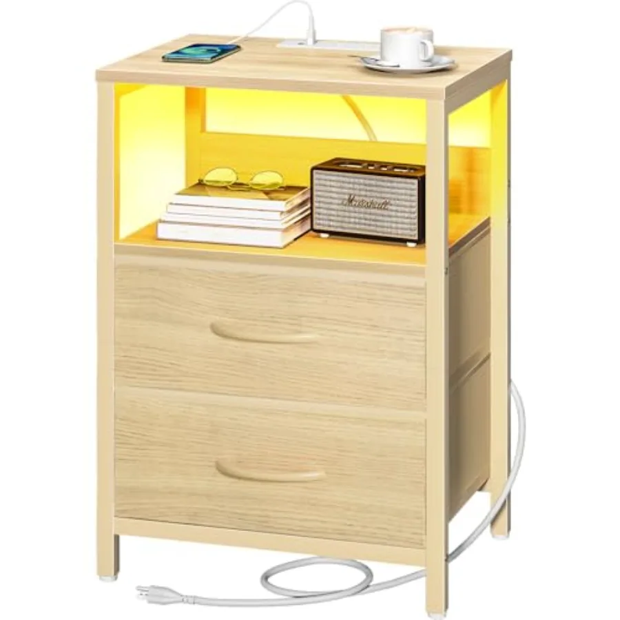 

LED Nightstand with Charging Station and Fabric Drawers for Bedroom Storage Shelf USB Ports Outlets Small Bedside Table Modern