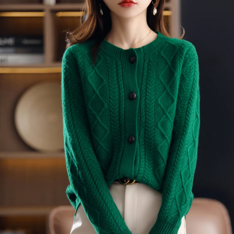 Imagem -02 - Senhoras 100 Cashmere Cardigan o Pescoço Novo Grande Tamanho Cabolsa de Malha Torção Base Camisas 2023 Primavera Selvagem Grosso lã Camisola Jaqueta Feminina