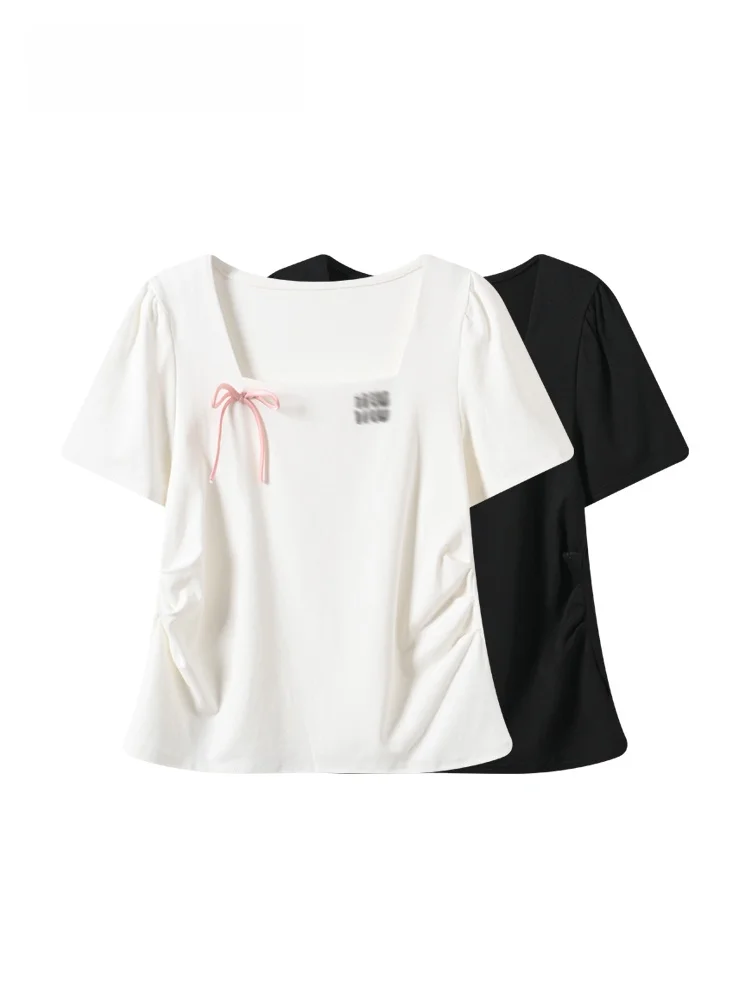 

Casual Short Sleeve T-Shirt Women's plus Size Summer New Style Fashionable Square Collar Top Shoulder Width Regular Length
