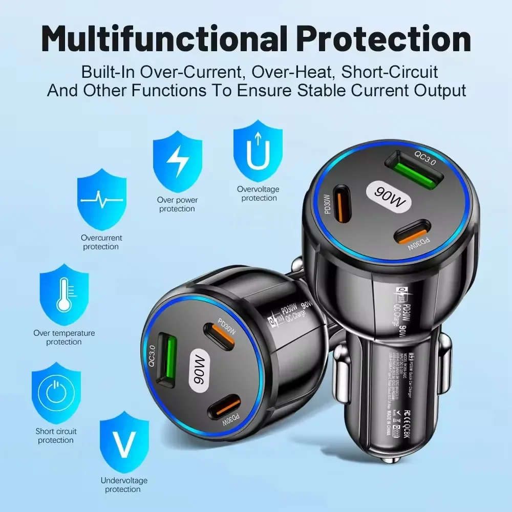 Caricabatteria da auto VIKEFON PD 3 porte caricatore rapido USB tipo C ricarica rapida 3.0 adattatore per telefono da auto per iPhone 15 14 Xiaomi Samsung Huawei