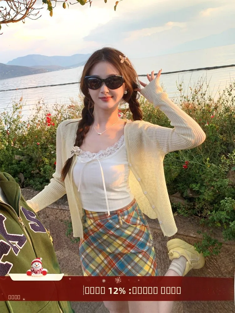 

Yellow Knitted Open Cardigan Women's Thin Summer Strap Outerwear Sun Protection Coat Top Loose Fit Long Sve round Ne Button