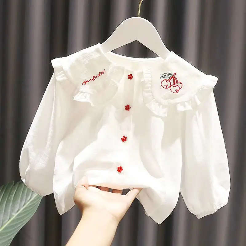 Spring Autumn Girls\' New Collar Cotton Long Sleeved White Shirt Korean Girls\' Children\'s Top