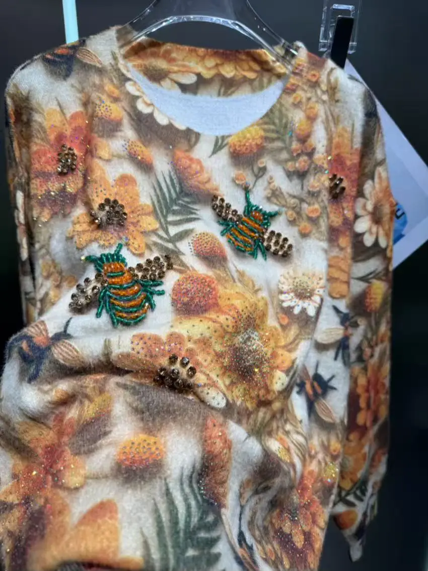 Suéter de punto con piedras de cristal brillantes para mujer, suéteres de otoño/invierno, Jersey de punto nuevo, prendas de vestir, suéter, ropa femenina