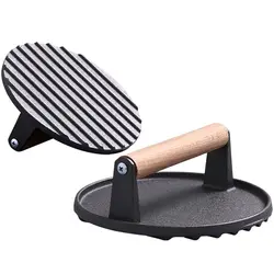 Iron Burger Smasher rettangolo resistente al calore forma rotonda Grill pressa per pancetta manico in legno accessorio da cucina pressa per carne BBQ