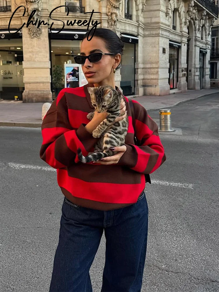 

Повседневный полосатый вязаный свитер, женский пуловер с контрастными лацканами и пуговицами, женский пуловер с длинными рукавами, осень-зима 2025 г., многослойные женские свитера