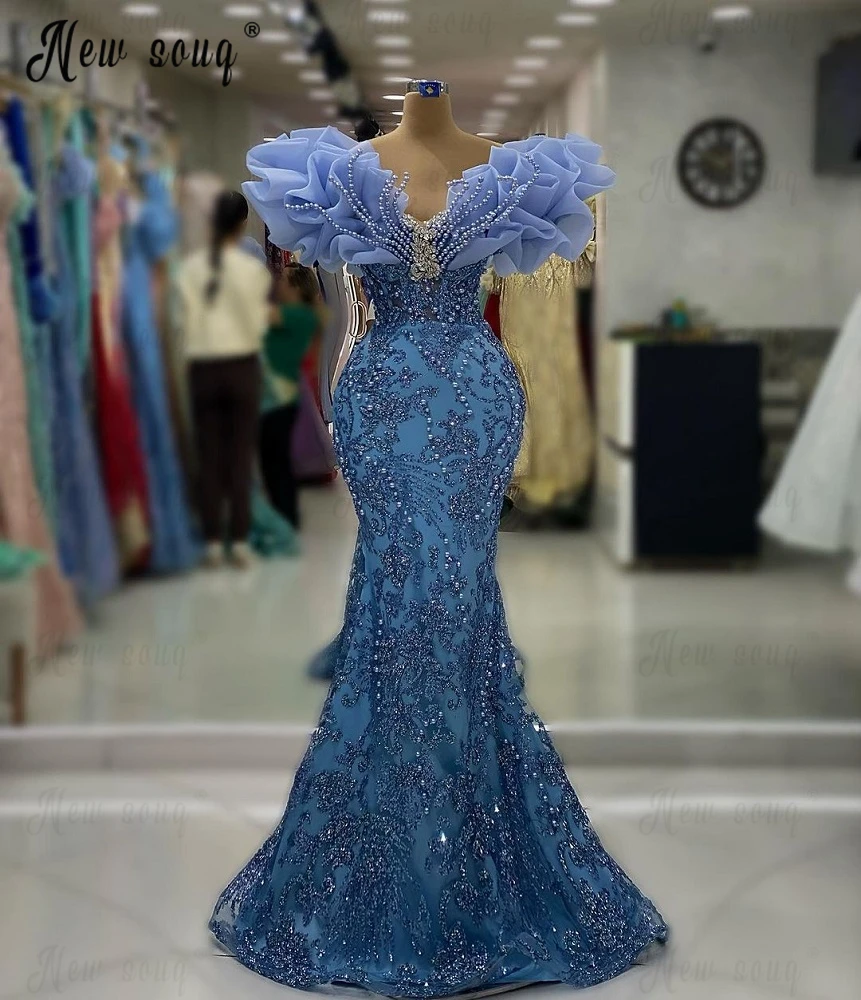 Luxury 2023 Blue Long Prom Gowns Fashion Wedding Guest Dresses Beading Mermaid Maxi Robe Gorgeous Vestidos De Noche for Party