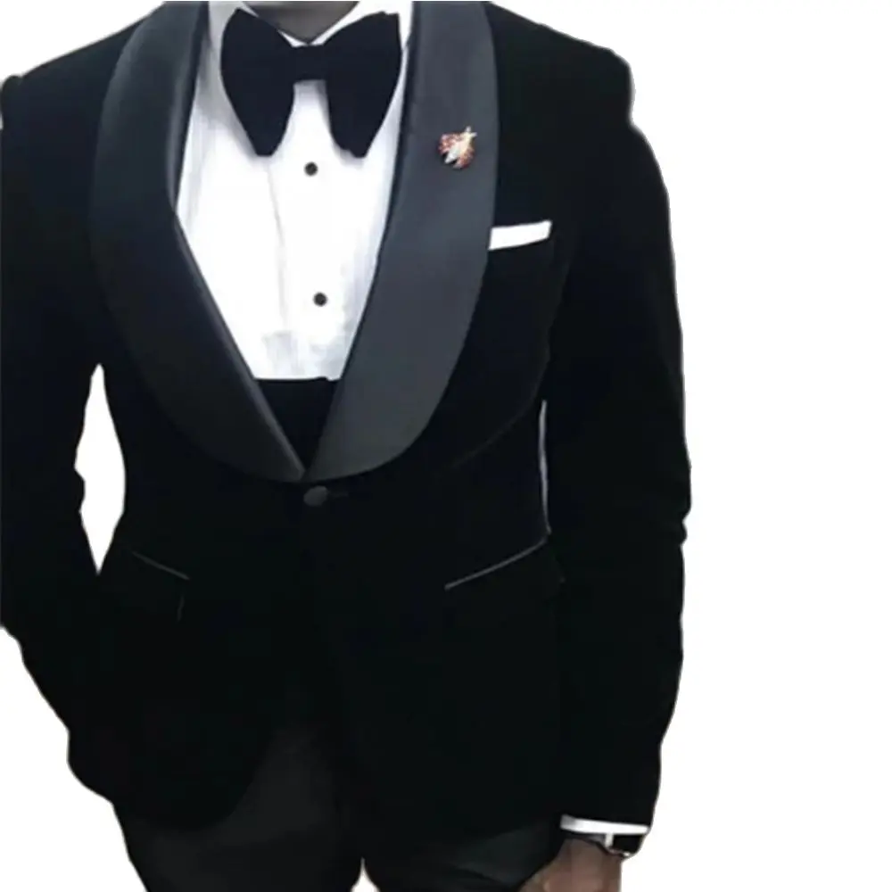 

Black velvet wedding Tailcoat business 3-piece suit for African men slim groom party suit (jacket+coat+trousers)