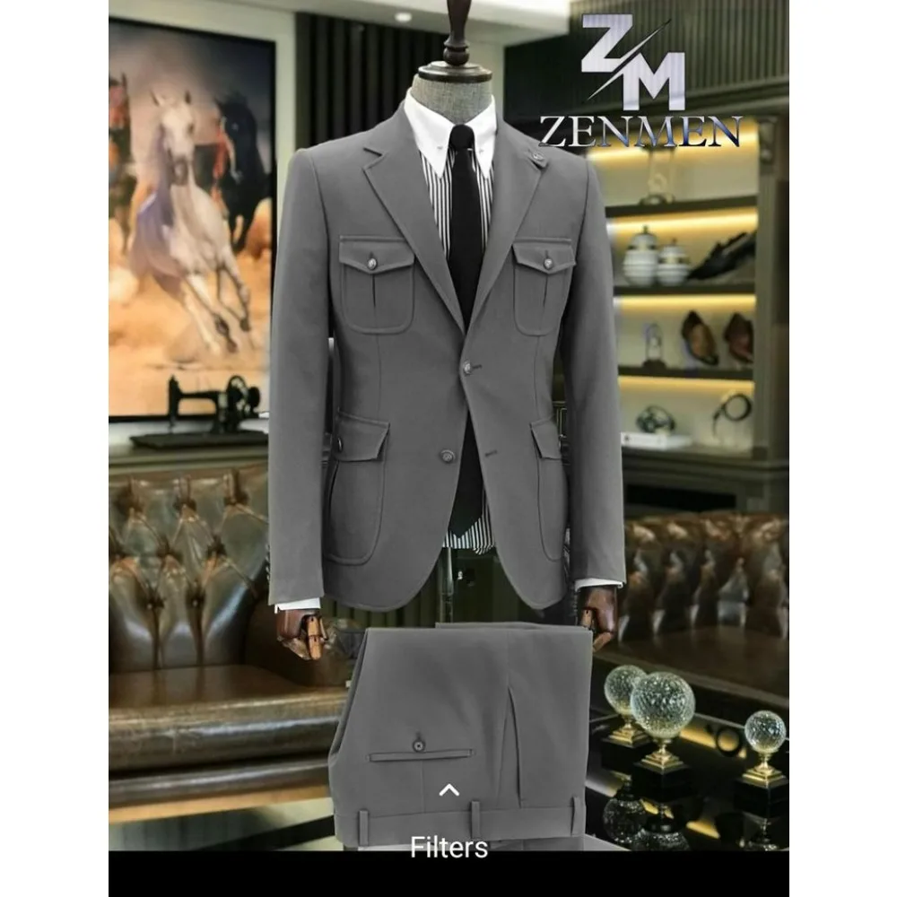 Single Breasted Safari Men Suits Business Suits for Men Multi Pocket Blazer Pants Set Formal Casual Men Outfit for Wedding Party view 5