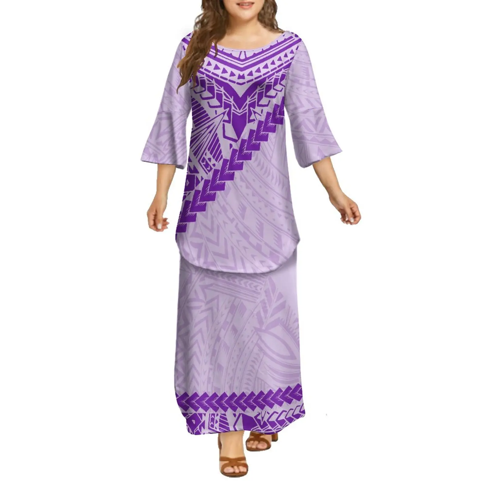 

Support Your Design Ladies Long Sleeve Dress puletasi Suit Polynesian Tribe Design Ladies Elegant Dress Two-Piece Suit