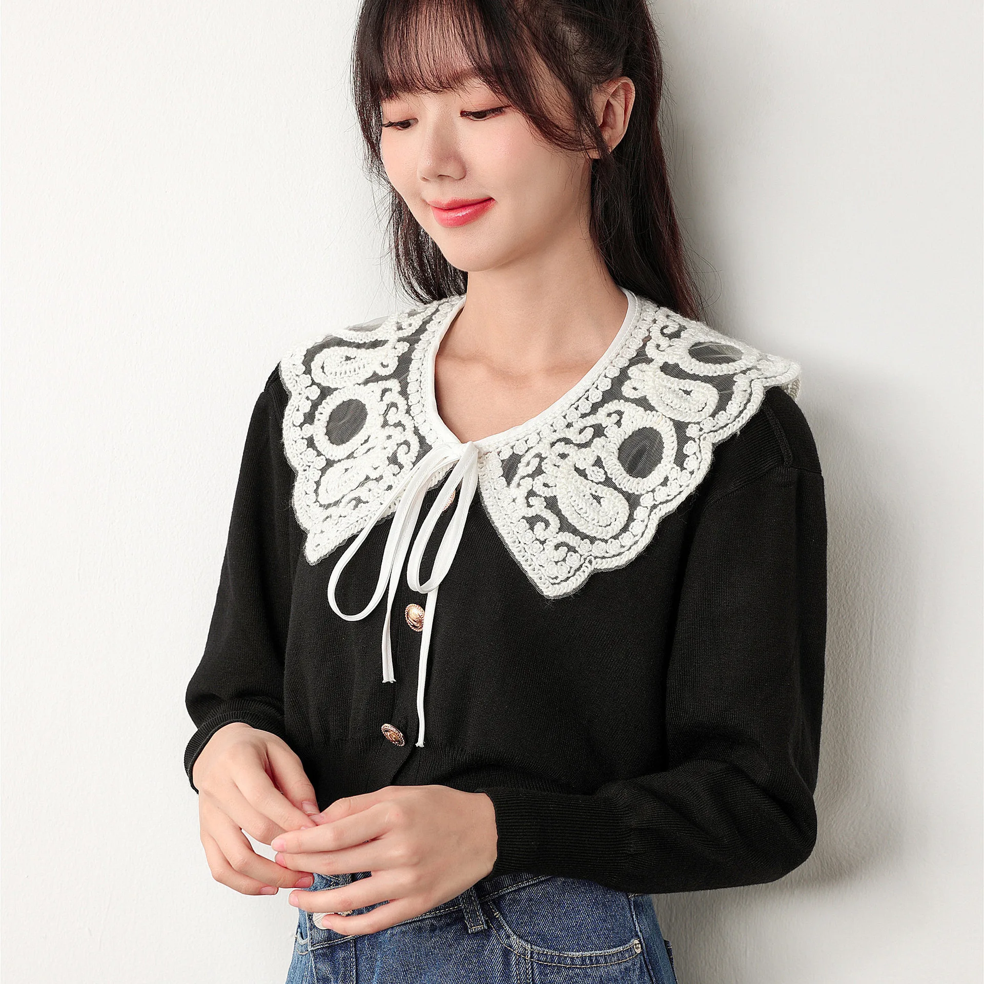 Fashion Women White Lace Fake Collar Shawl for Shirt Blouse Detachable Collar Girls Floral Bowknots Necklace Lapel False Collar