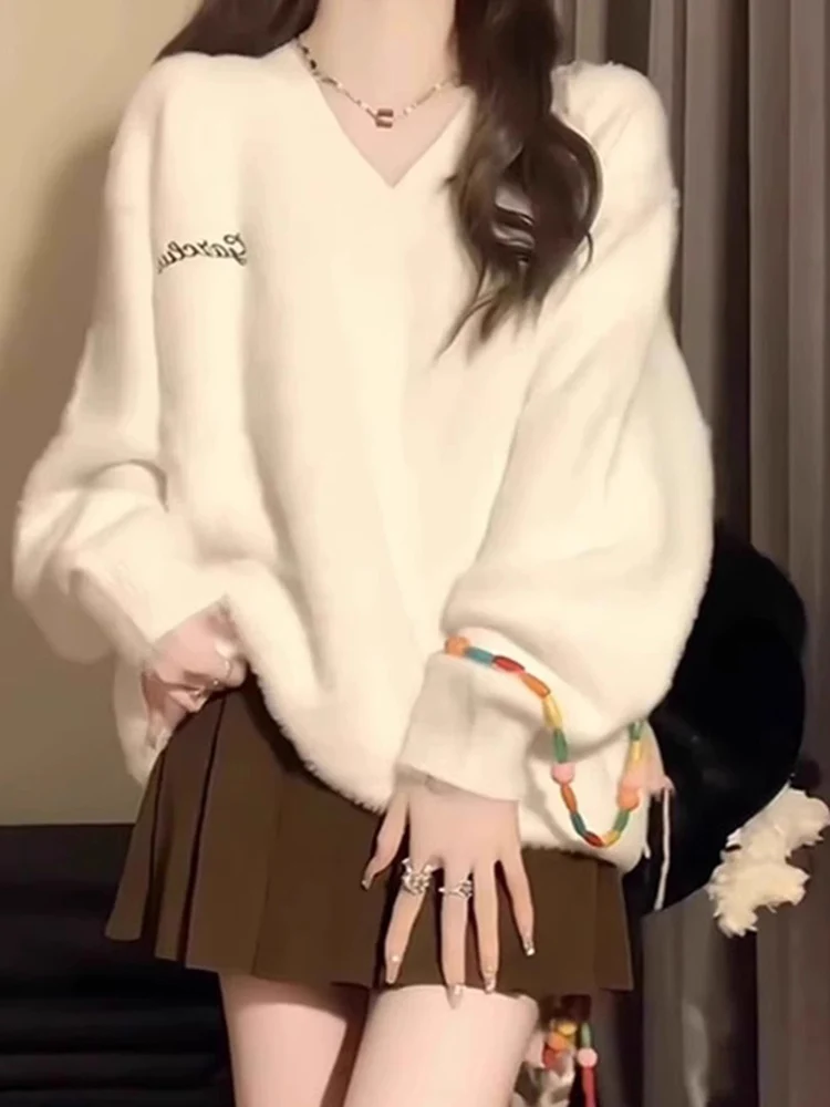 

Женский свободный свитер с V-образным вырезом и мутоном, осенне-зимний теплый вязаный топ, мягкие уютные волосы, бархатный модный повседневный свитер