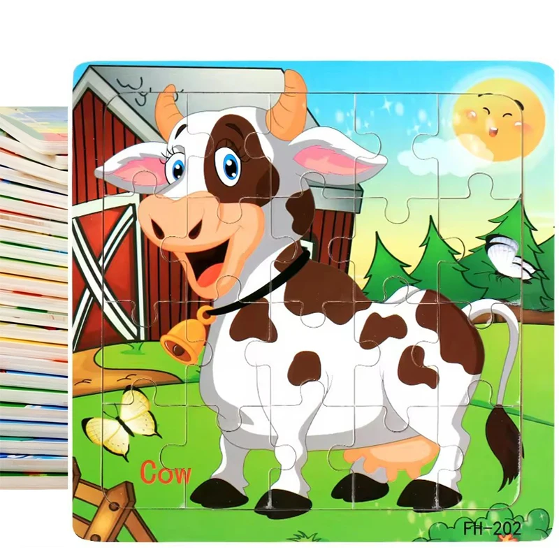 20 Stück 3D Holzpuzzle Cartoon Tier Fahrzeug Kognitives Puzzle Frühes Lernen Lernpuzzle Spielzeug für Kinder