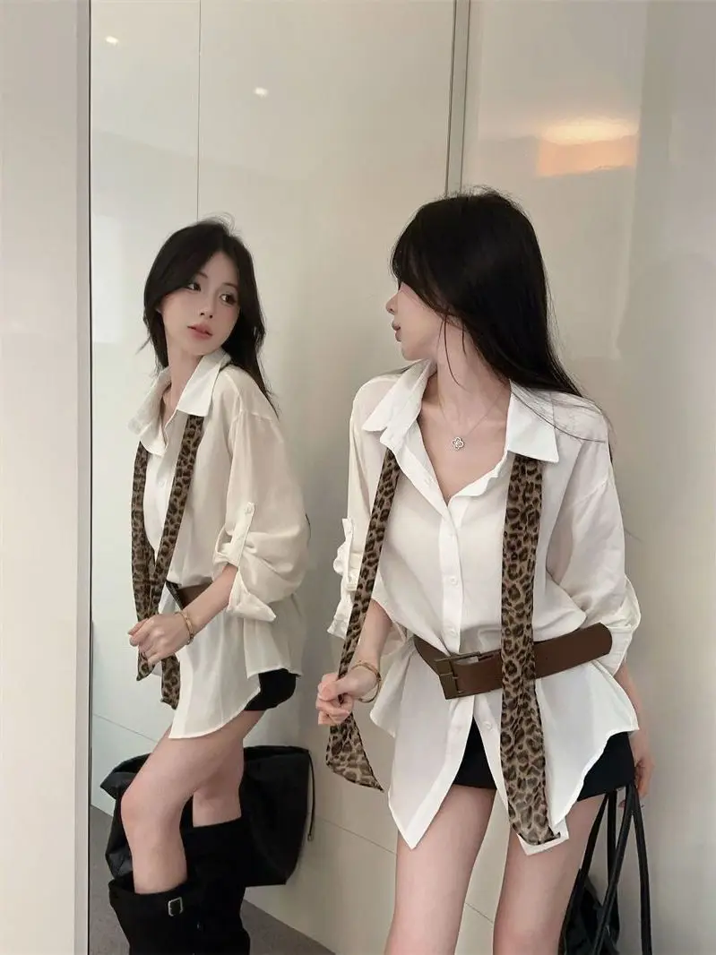 

White Long Sleeve Leopard Print Sash Shirt Women's Style 2025 New Trendy Slimming Midi Top Girl's Loose Fit Collar