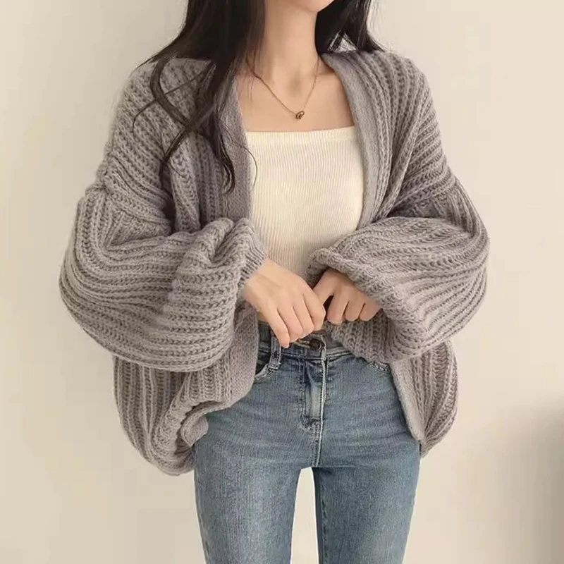 シックな秋冬のゆったりスタイル、Vネック、ルーズで万能なランタンスリーブ、柔らかく心地良いニットのオープンカーディガンセーター、アウターウェア