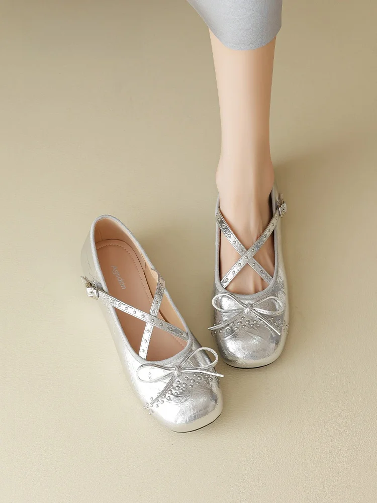 

Silver Ballet Flats Mary Jane Shoes for Women Summer New Arrival Casual Knot PU Lined Fashionable Flat Heel Pumps