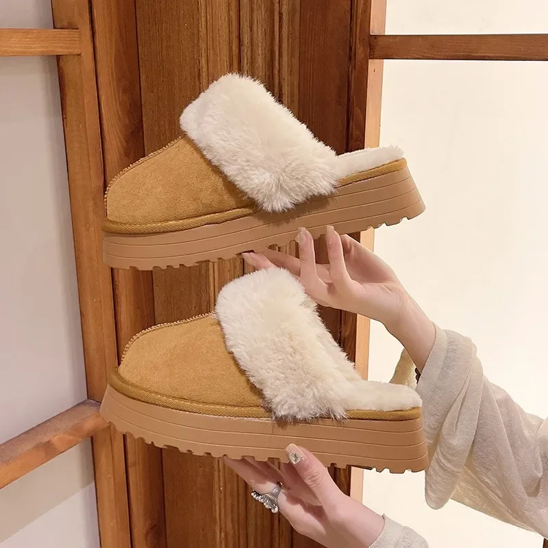 Snow Boots Fur Fur Slippers Female Wearing 2024 New Baotou Flat Half Drag Thick Sole Cotton Shoes Women Boots