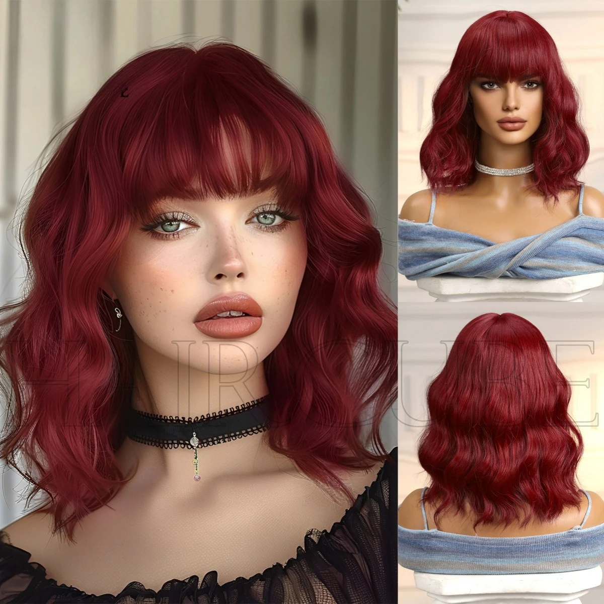 

Wig short curly hair big wave bobo head shoulder length red hood sea king red 14inch bangs wig