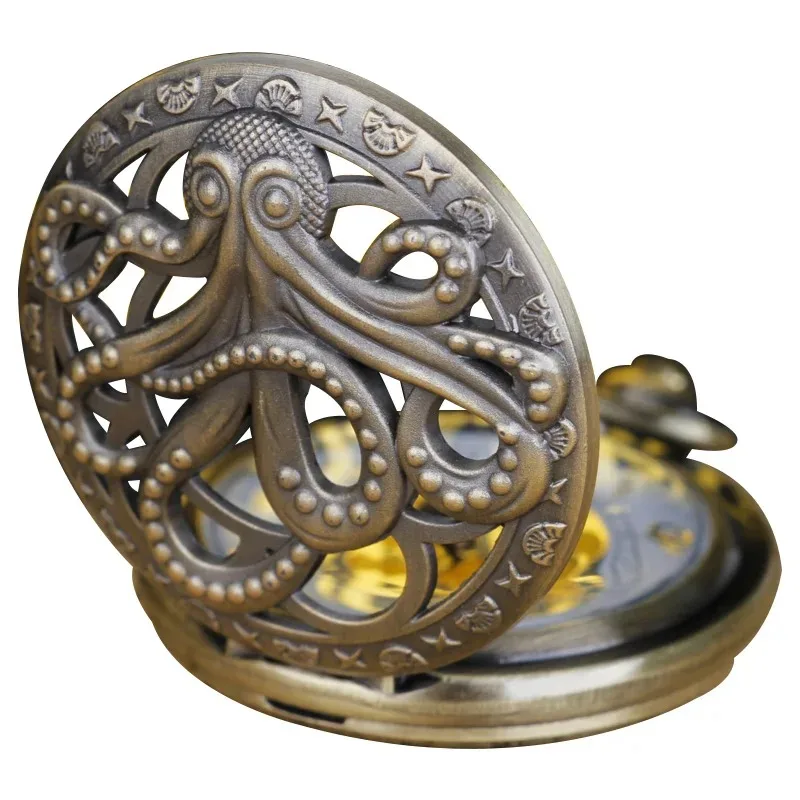 Hollow Quartz Pocket Watch Octopus Dial Roman Numerals Men Women Student Necklace Pendant Clock Gift Pop Jewelry