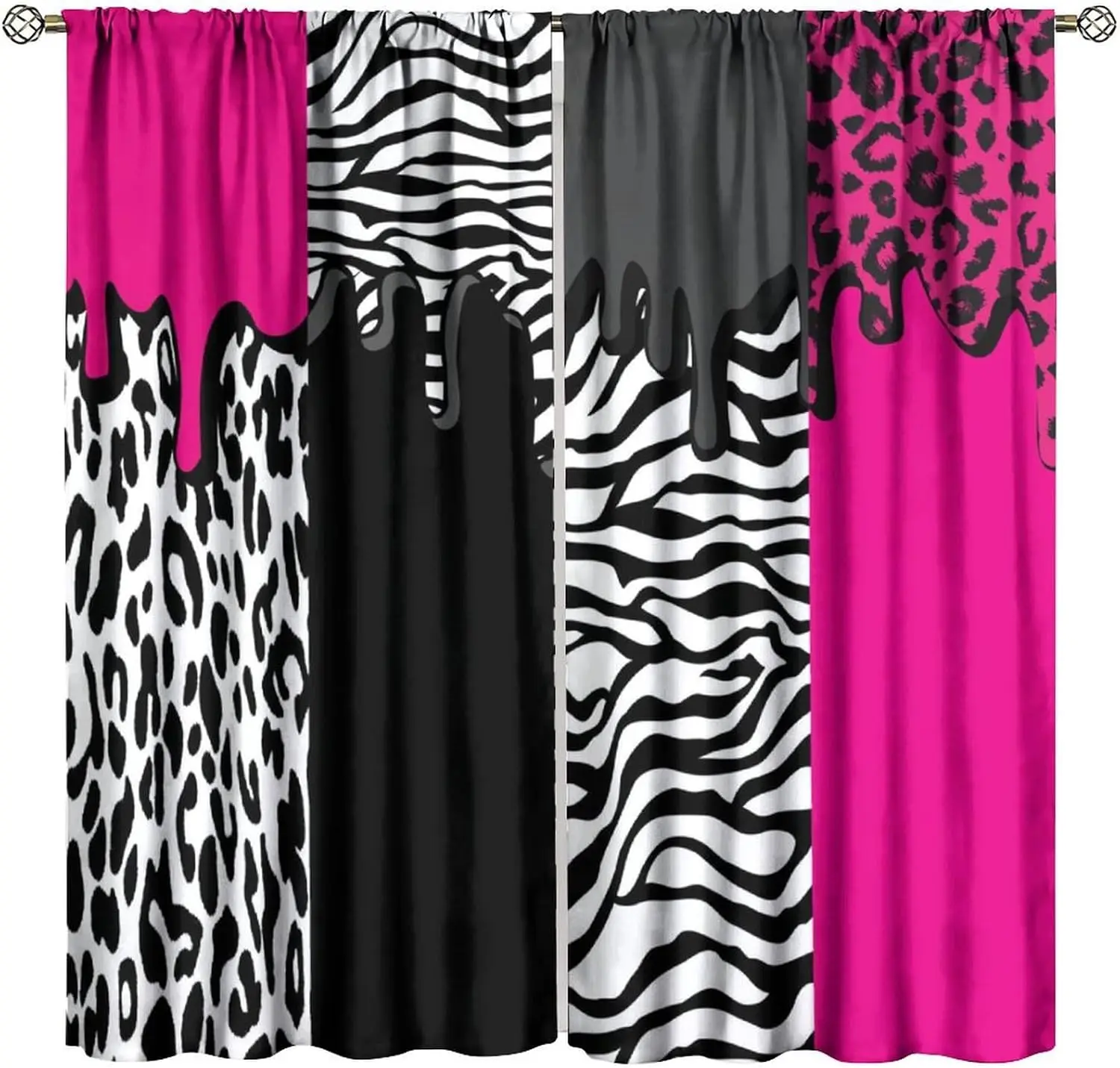 Leopard Curtains, Cheetah Print Pink Black White Cheetah Window Curtains Zebra Animal Kitchen Bedroom Cafe Dining Room Office