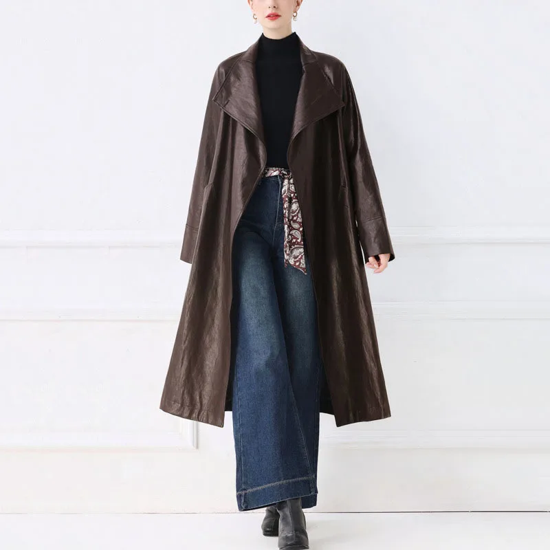 Hksh primavera outono novo casaco longo feminino couro do plutônio turn-down colarinho cor sólida bolsos cinto elegante jaqueta chique hk14049