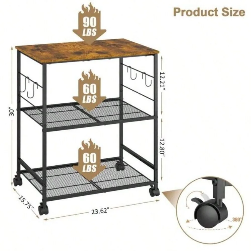 Rolling Kitchen Microwave Cart 3 Tier Microwave Table Stand With Storage Shelves, Lockable Wheels Mobile Utility Cart, Small Coffee Cart Shelf Rack Organizer For Living Room Office Balcony, Sturdy Metal Frame view 5