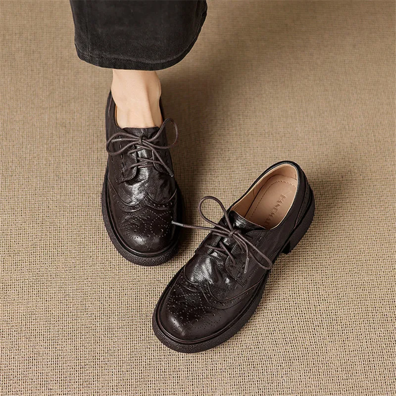 2027 Spring/Autumn Genuine Leather Women Shoes Fashion Retro Round Toe Shoes for Women High Heels Women Pumps Handmade Loafers