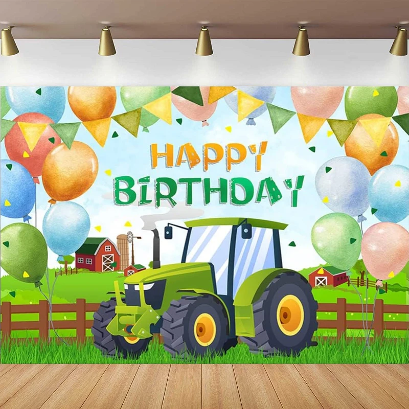 

Photography Backdrop Green Grass Farm Balloons Green Tractor Theme Birthday Party Background Poster Boy Cake Table Decoration