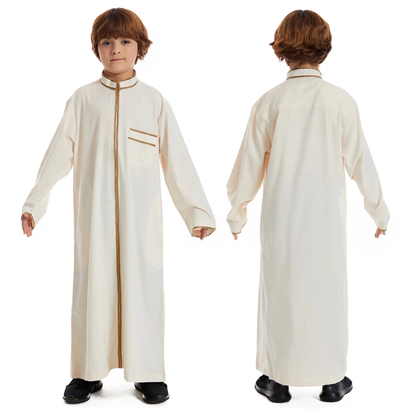 Boy's Muslim Middle East Arab Boys Solid Color Full Zipper Thobe Long Sleeve Kaftan Embroidered Robe Islamic Arabic Abaya Thobe