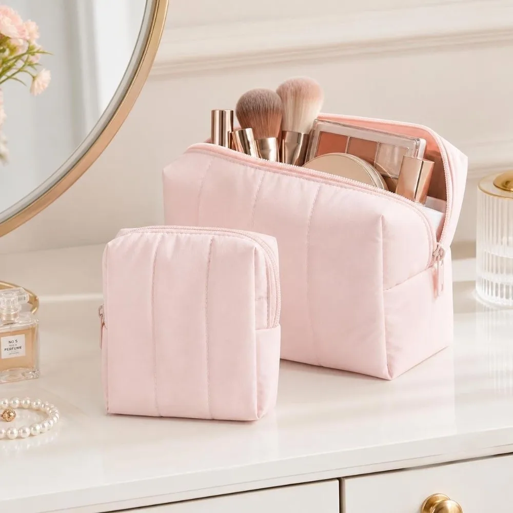 Large & Small Makeup Bag Set Portable Puffy Cosmetic Organizer Large Capacity Water-resistant Cosmetic Bag Outdoor