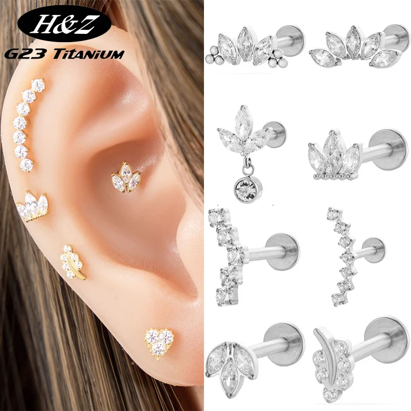 

2PC G23 Titanium Ear Studs Internal Thread Flatback Zircon Horse's Eye Pendant Lip Stud Tragus Cartilage Labret Piercing Jewelry