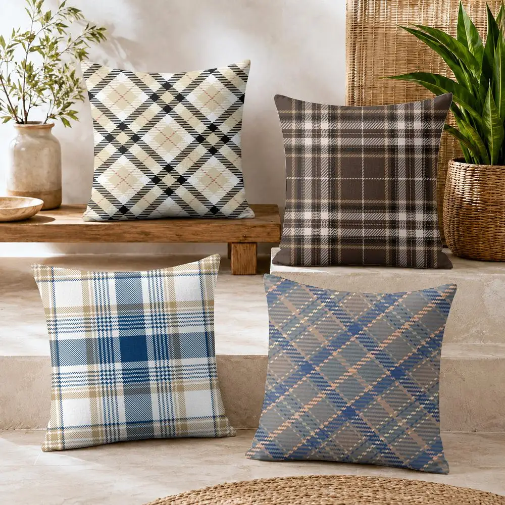 Fashionable Check Stripe Cushion Cover Natural Linen Organic Fabric Double-Sided Printing Breathable For Decor