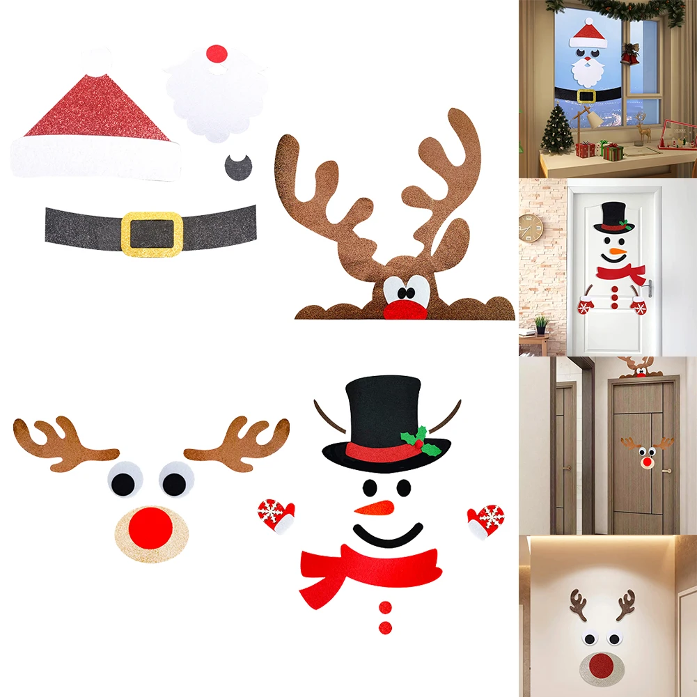 2024 Christmas Door Window Stickers Felt Cloth Snowman Santa Claus Elk Wall Sticker Decoration Happy New Year 2025        New