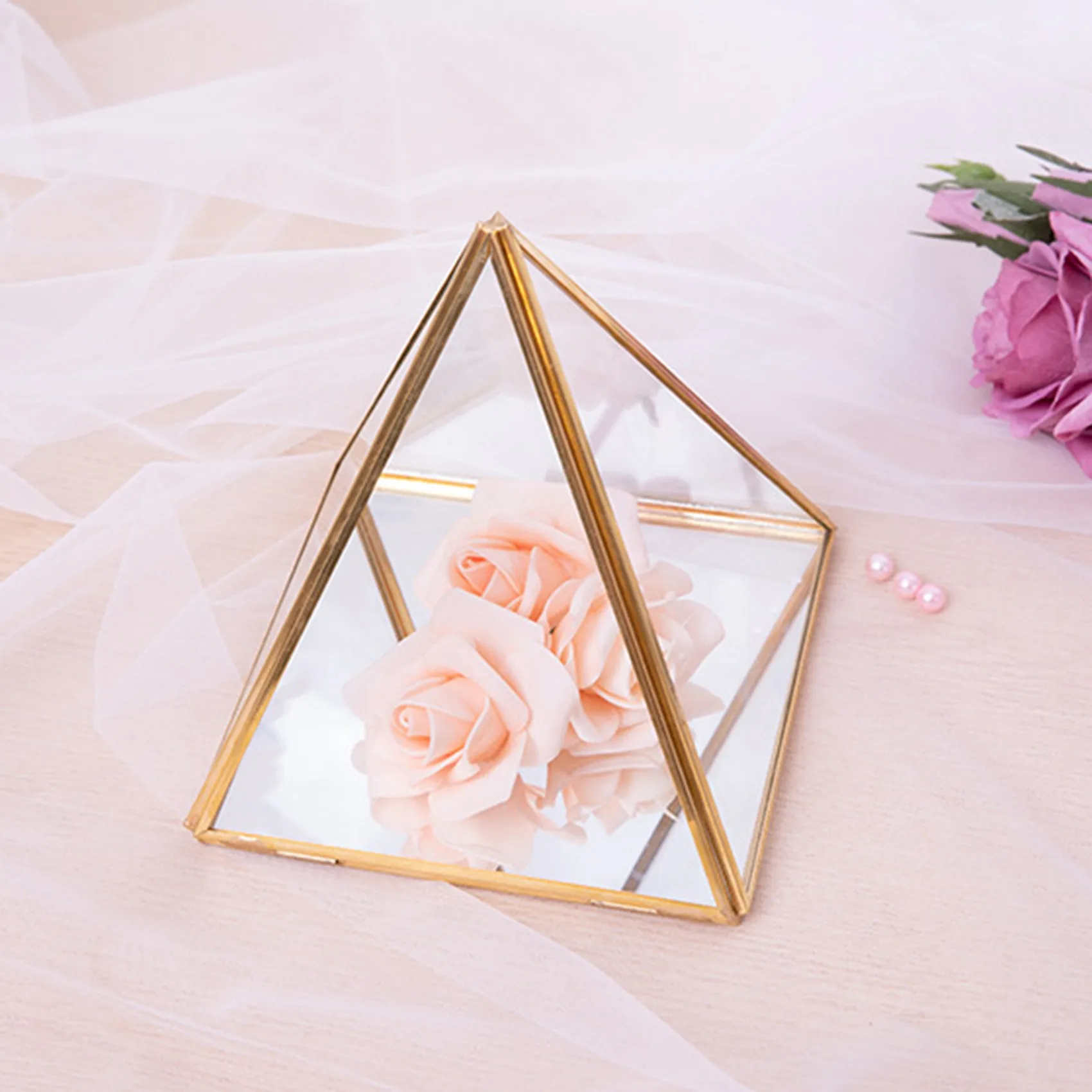 Glass Jewelry Box Golden Geometric Decorative Box Geometric Glass Pyramid Ring Holders for Wedding Birthday Gift S