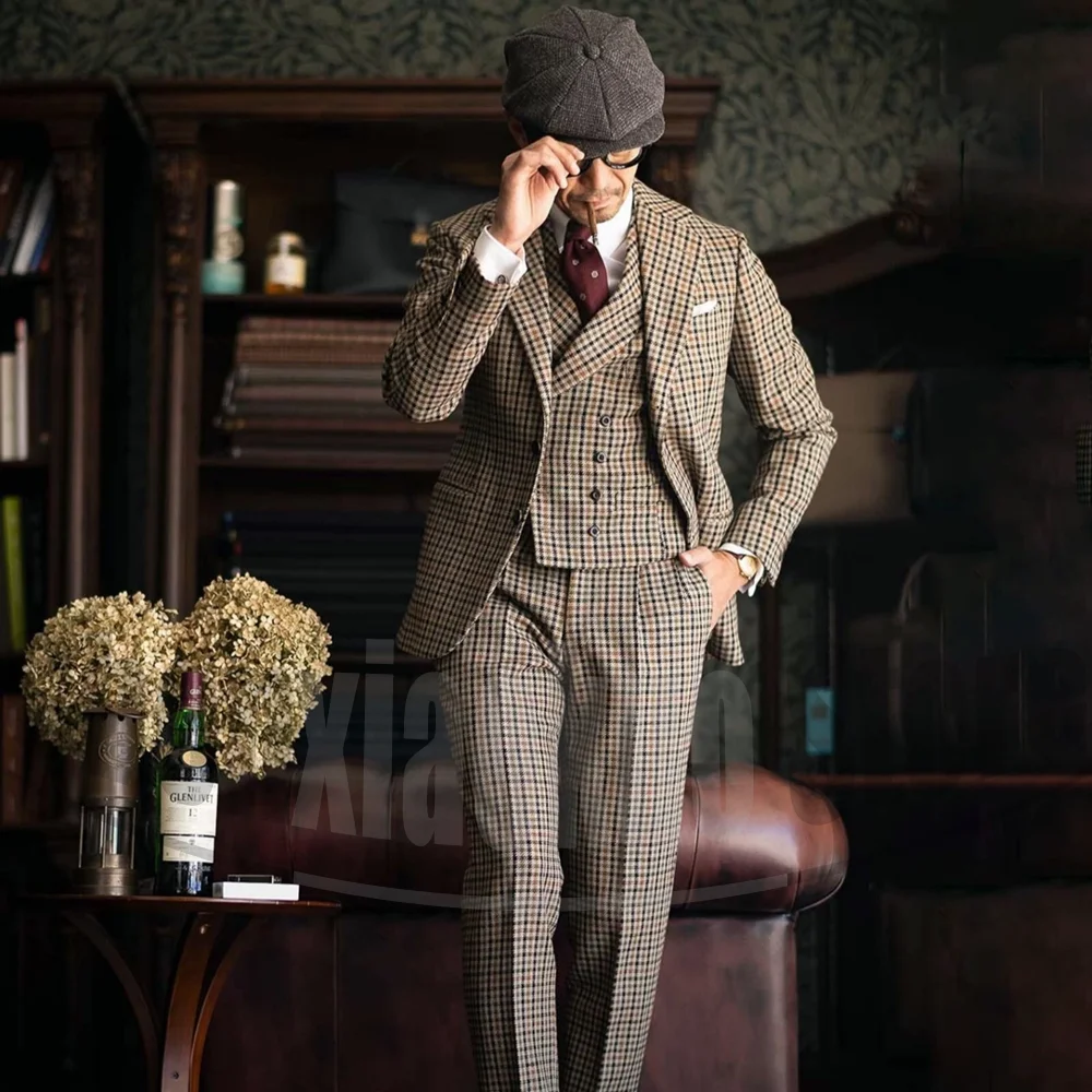 

Men's Houndstooth Three Piece Suit Set Single Breasted Vintage Style Tweed Fabric Wear for Wedding Business Party Prom Male Suit