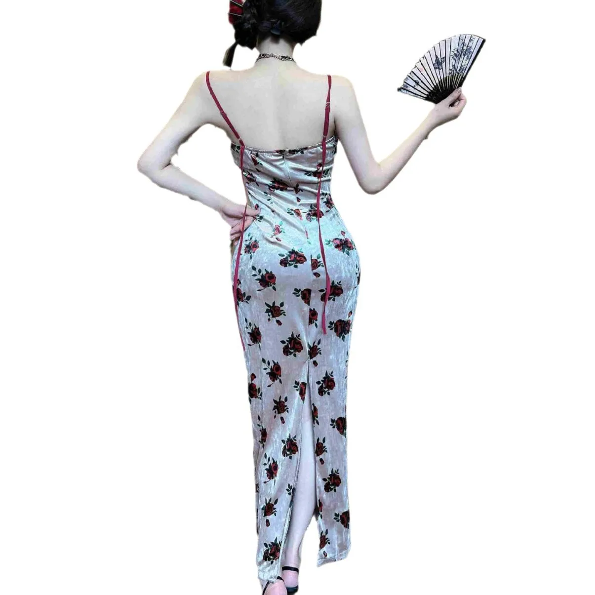 New Chinese Sle Sexy Print Gold Velvet Patchwork Strapl Bodycon Dr Slimming Fit Commute Wind Autumn Season ex