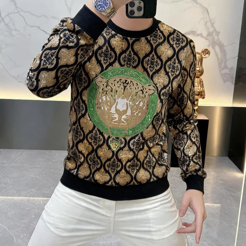 Camiseta Casual de Veludo de Manga Longa para Homens, Moletom com Lantejoulas de Indústria Pesada, Moletom Harajuku