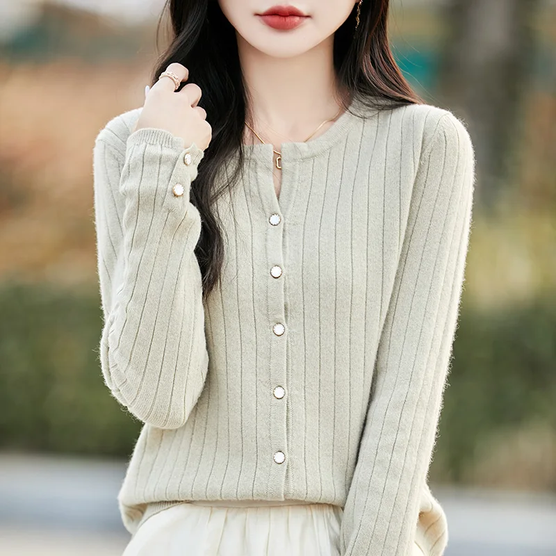 

Women 100% Merino Wool New Fashion Solid Color O-Neck Long Sleeves Button Cardigan Cashmere Soft Clothing Comfort Warm Top