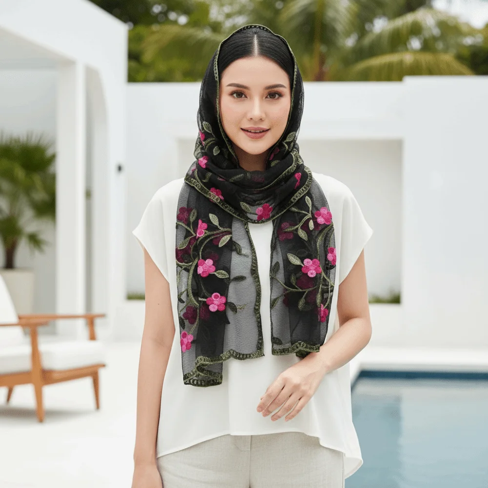 

Ethnic Style Embroidered Floral Headwrap Breathable Lightweight Long Lace Scarf Colorful Scalloped Boho Sheer Shawl Elegant Lady