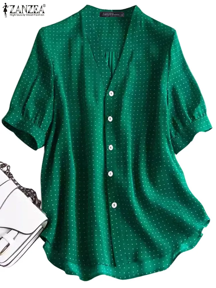 

ZANZEA Elegant Lantern Short Sleeve Shirt Women Casual Dots Blouse 2024 Summer Fashion V-neck Buttons Tunics Office Loose Blusas