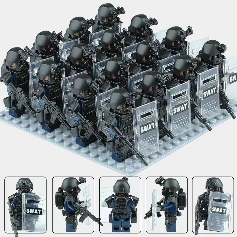 Muñeco humanoide de policía antidisturbios de bloques de construcción, muñeco humanoide de policía especial antivirus, muñeco humanoide de marina, juguete de dibujos animados, regalo