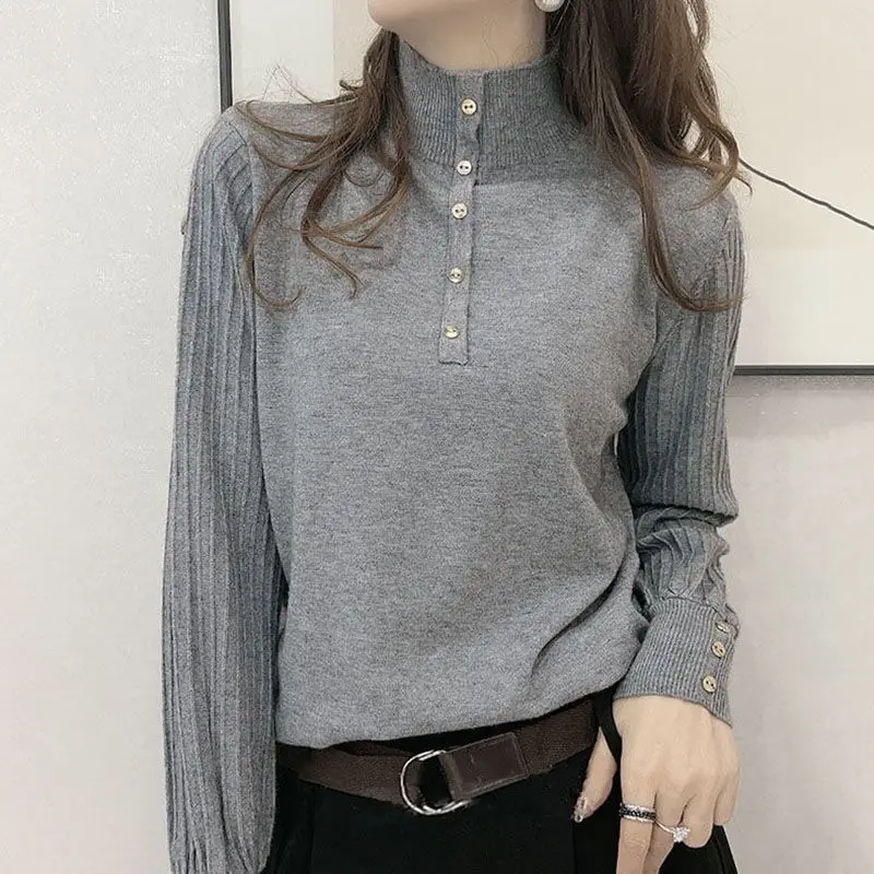 2023 Autumn Winter Solid Color Stylish Button Half High Collar Jumpers Female Clothing Commute Basic Korean All-match Sweaters