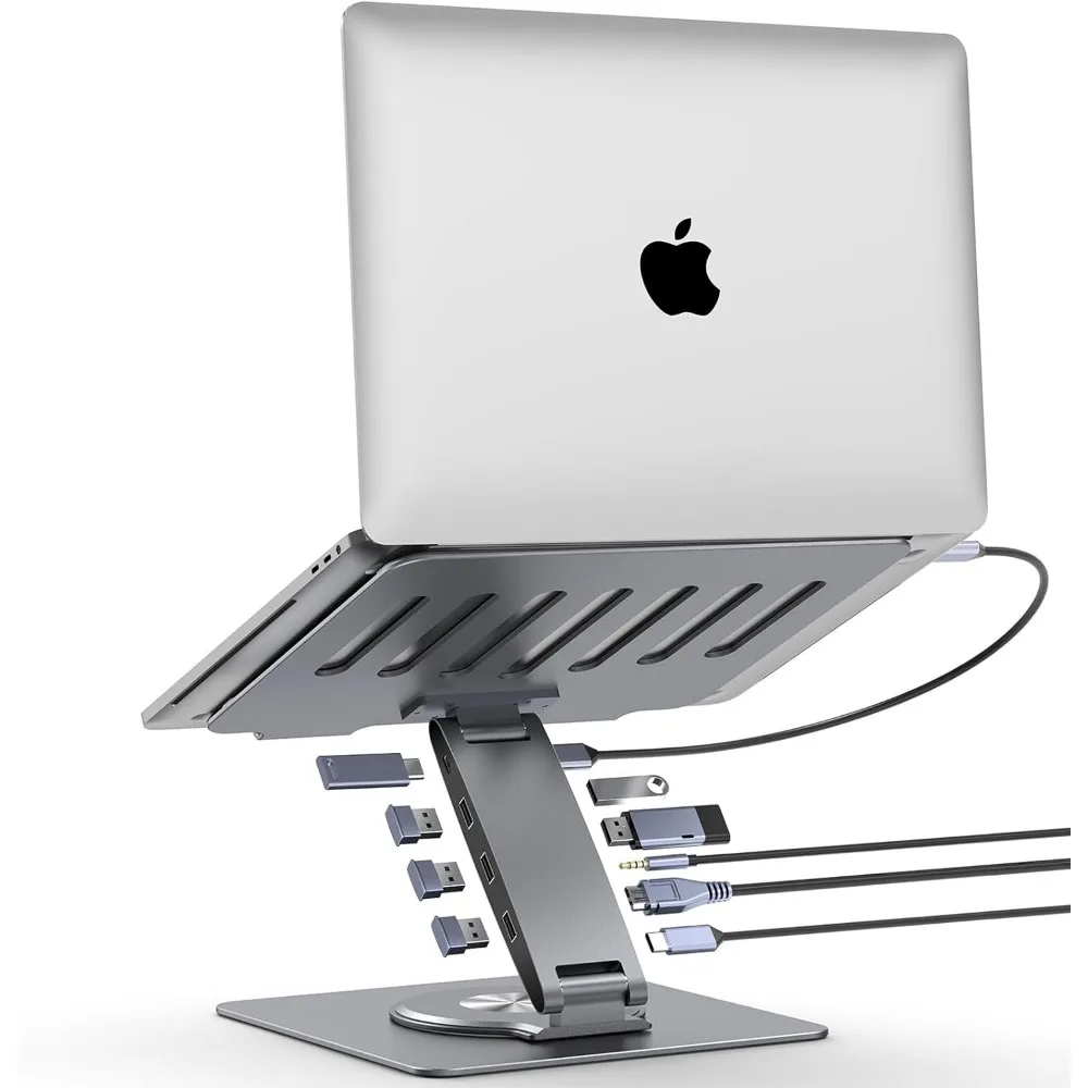 

Adjustable Laptop Stand with 9-in-1 Docking Station, USB Hub, 360° Swivel, Dual Display HDMI, PD Charging for 7-15.6" Laptops