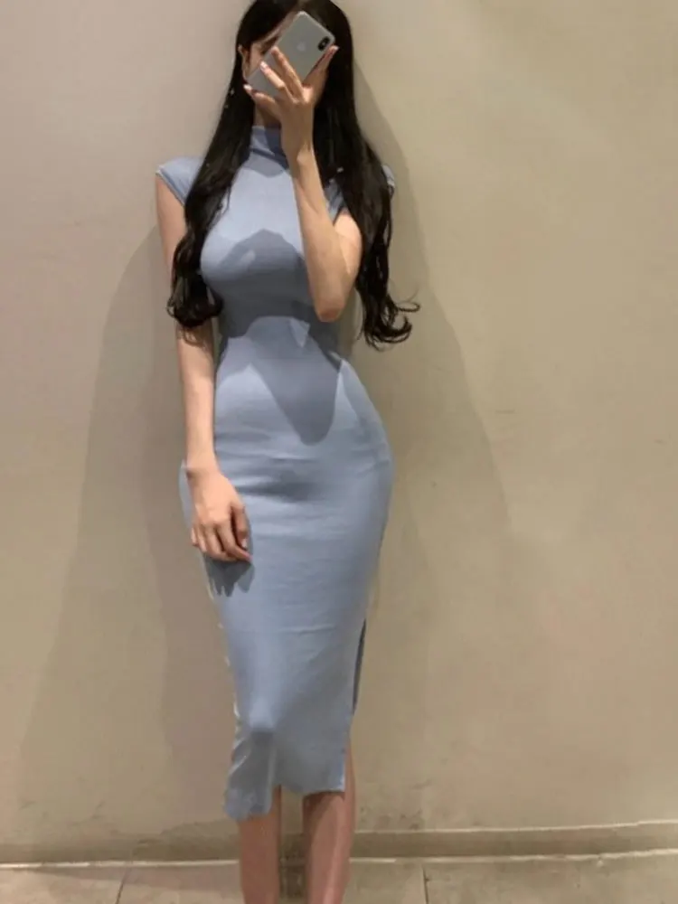 

Korean Fashion Sexy Slim Dress Women Sleeveless Half Neck Wrap Hip Split Solid Dresses Summer 2022 Basic Mid Dress Vestido Mujer