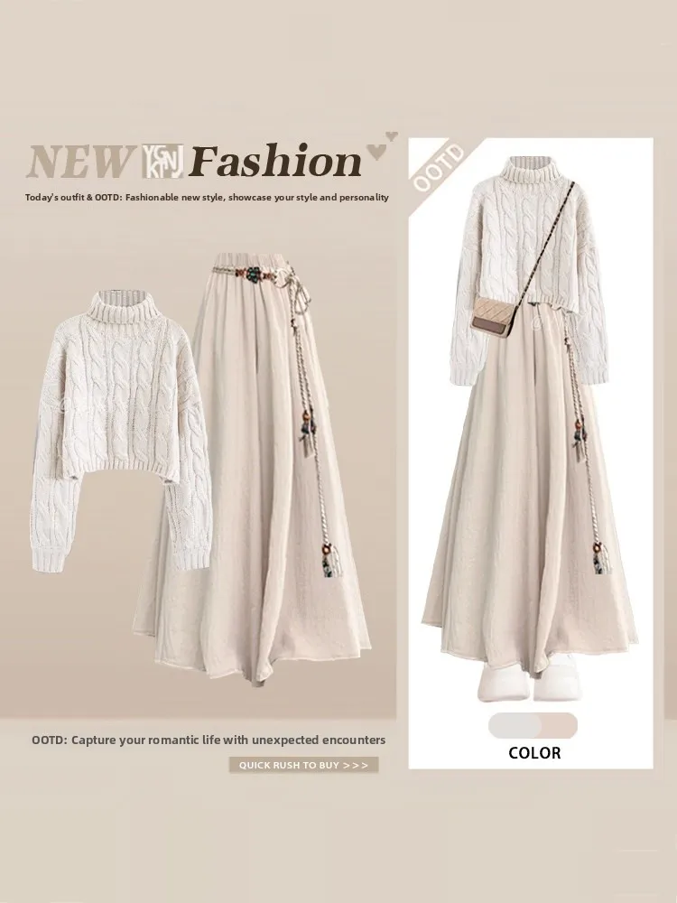 

Soft Korean Sle Knitted Sweater High Waist Wide Leg Pants Set Women's Winter Faion Youthful Two Piece Set Gentle Design