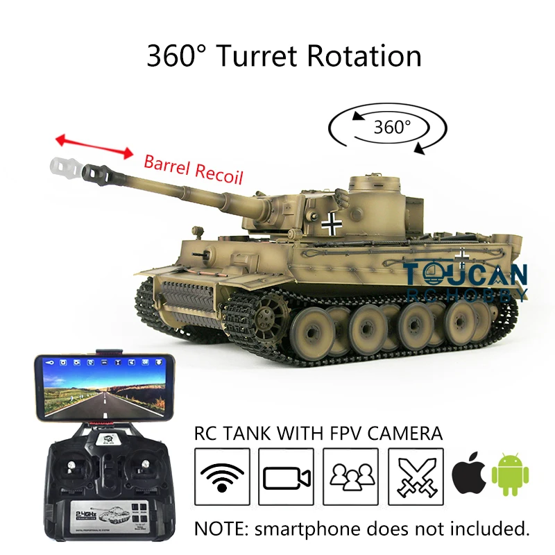 Henglong-tanque teledirigido Tiger I FPV 7,0, 1/16, 3818, barril de rotación de torreta, retroceso, BBs, Airsoft, efecto de humo, TH17269-SMT7, actualizado, 360