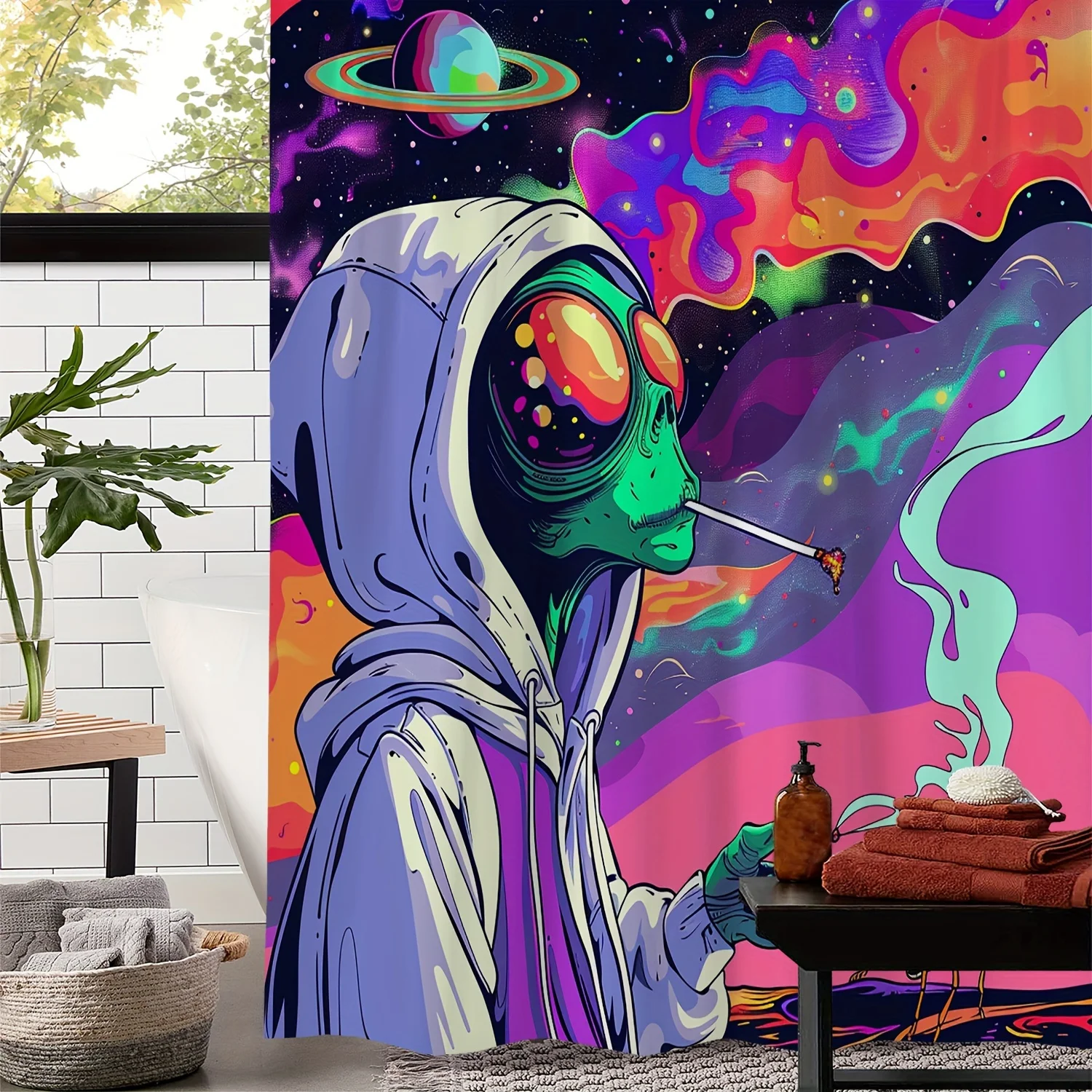 

Психоделическая занавеска для душа Space Alien — яркий космический дизайн для триповой и уникальной ванной комнаты, идеально подходит для научно-фантастических любителей
